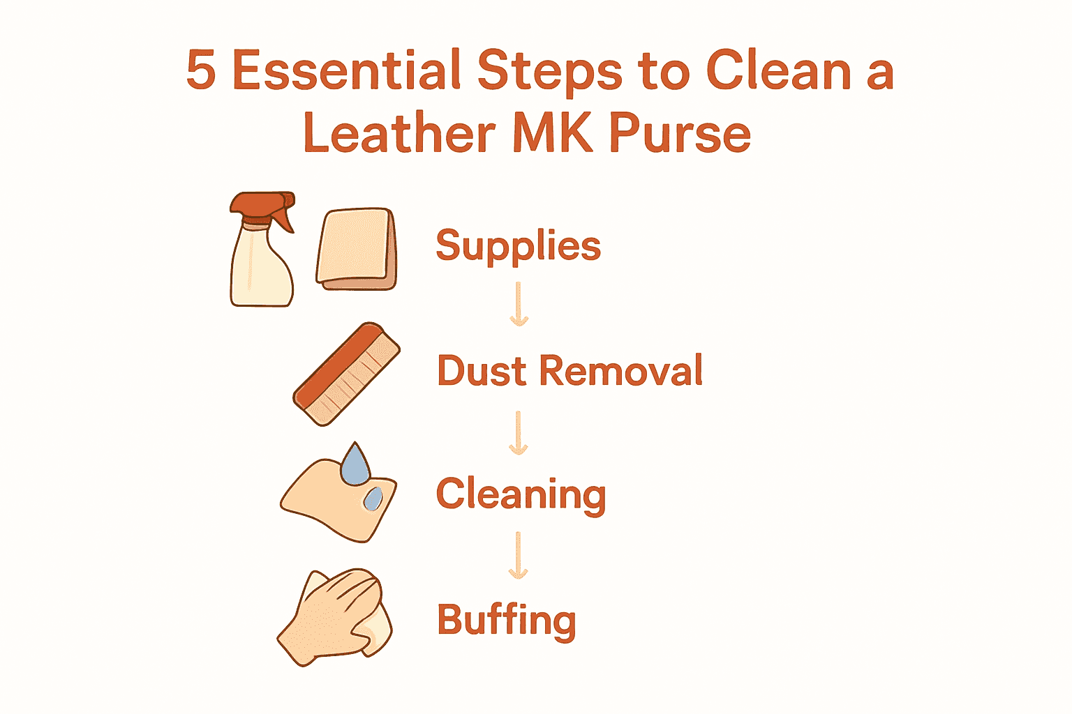 Infographic with five steps for cleaning a leather purse, including icons for supplies, dust, cleaning, buffing, and conditioning.