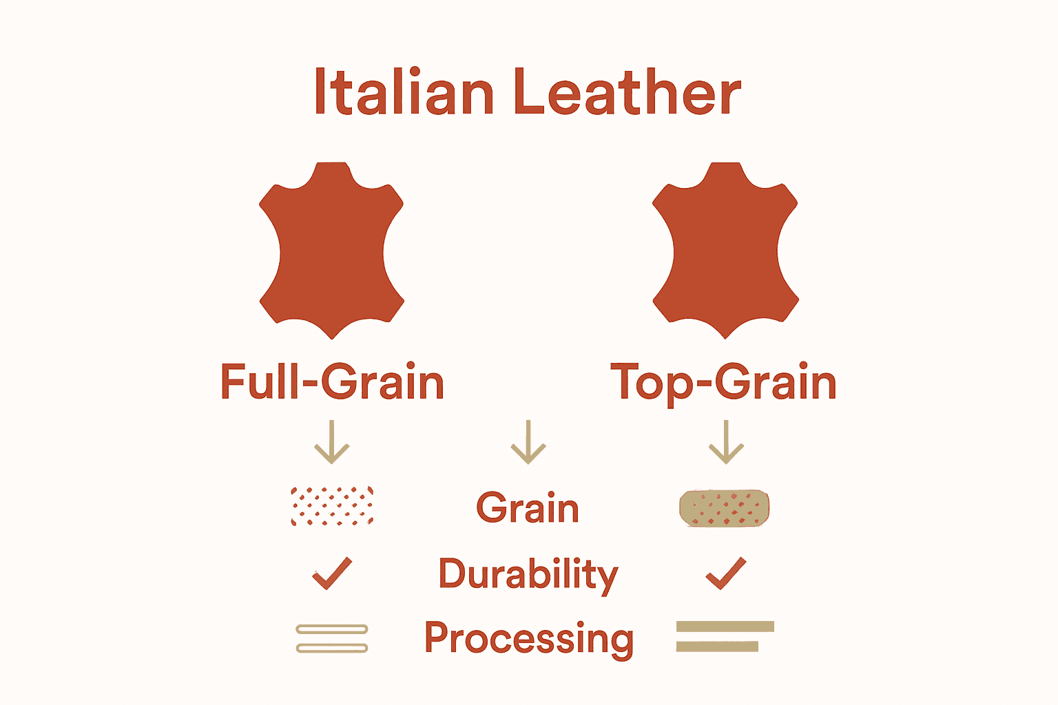 Infographic comparing full-grain and top-grain Italian leather quality