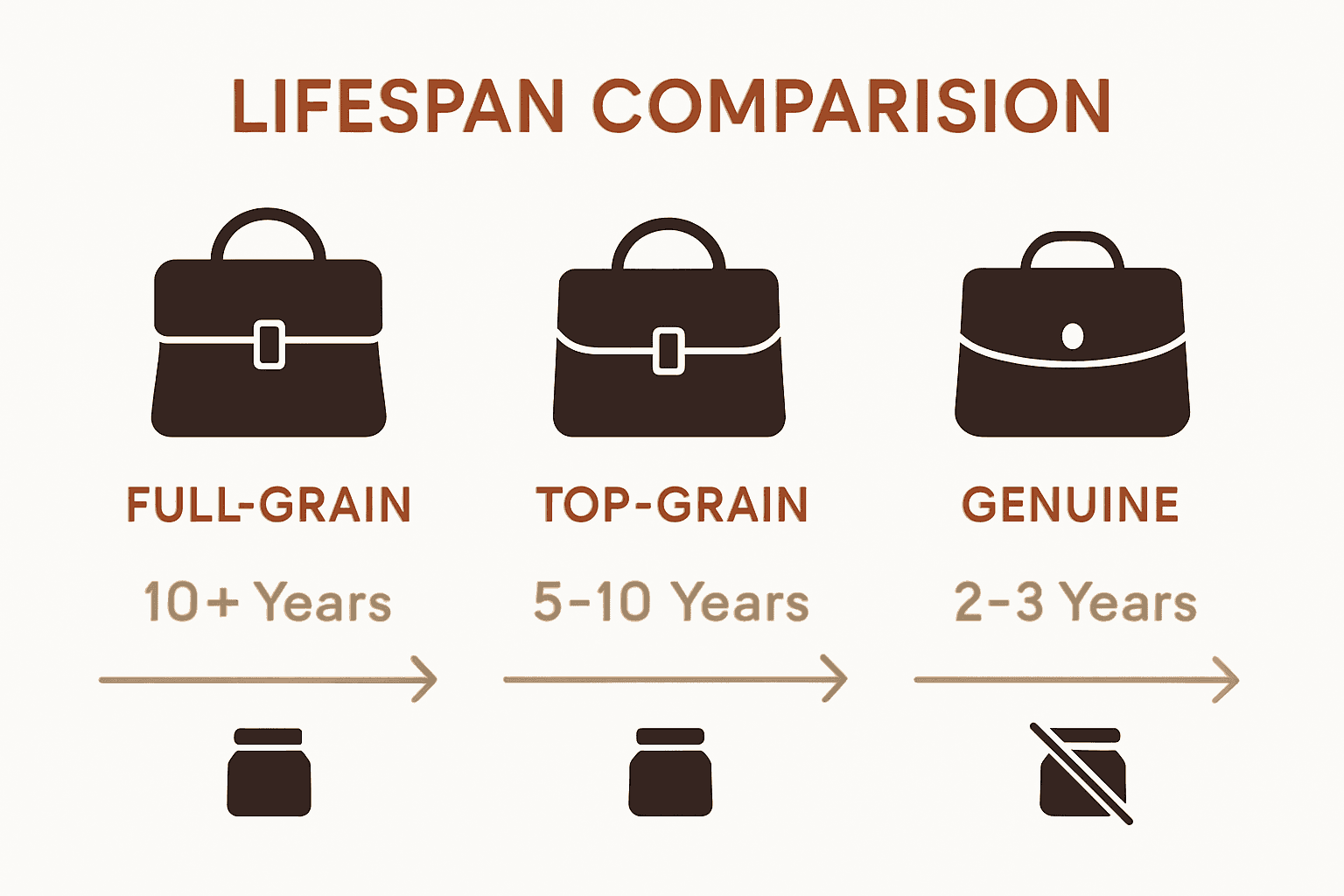Infographic comparing leather bag types and their typical lifespans.