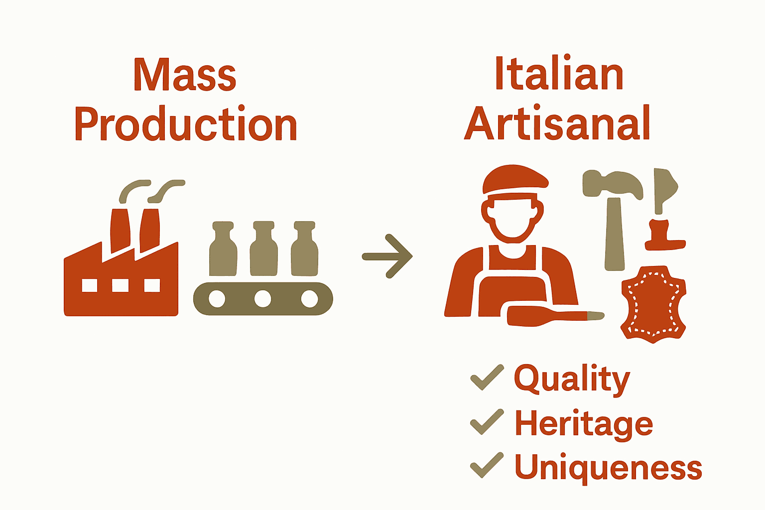 Infographic comparing mass production versus Italian artisan craftsmanship features