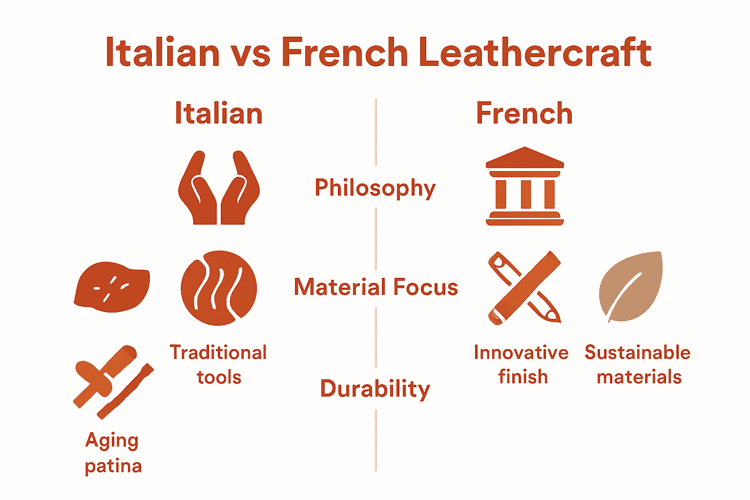 Infographic comparing Italian and French leathercraft traditions with icons and key differences.