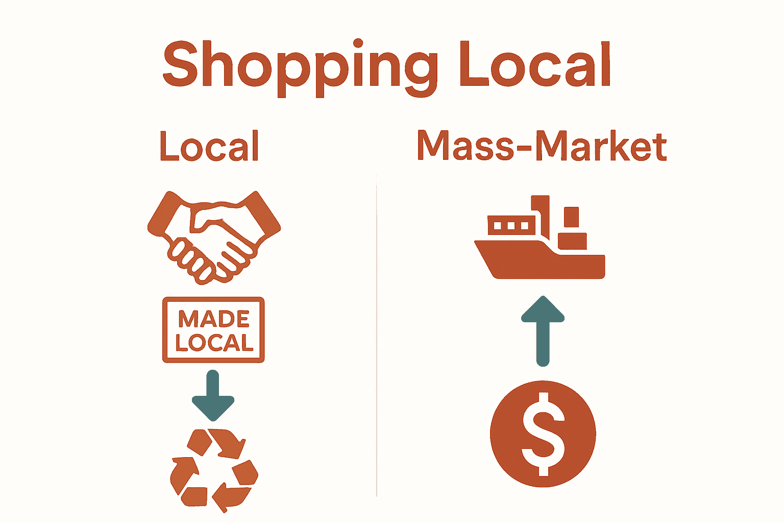 Infographic comparing local vs mass-market shopping with money flow and sustainability icons