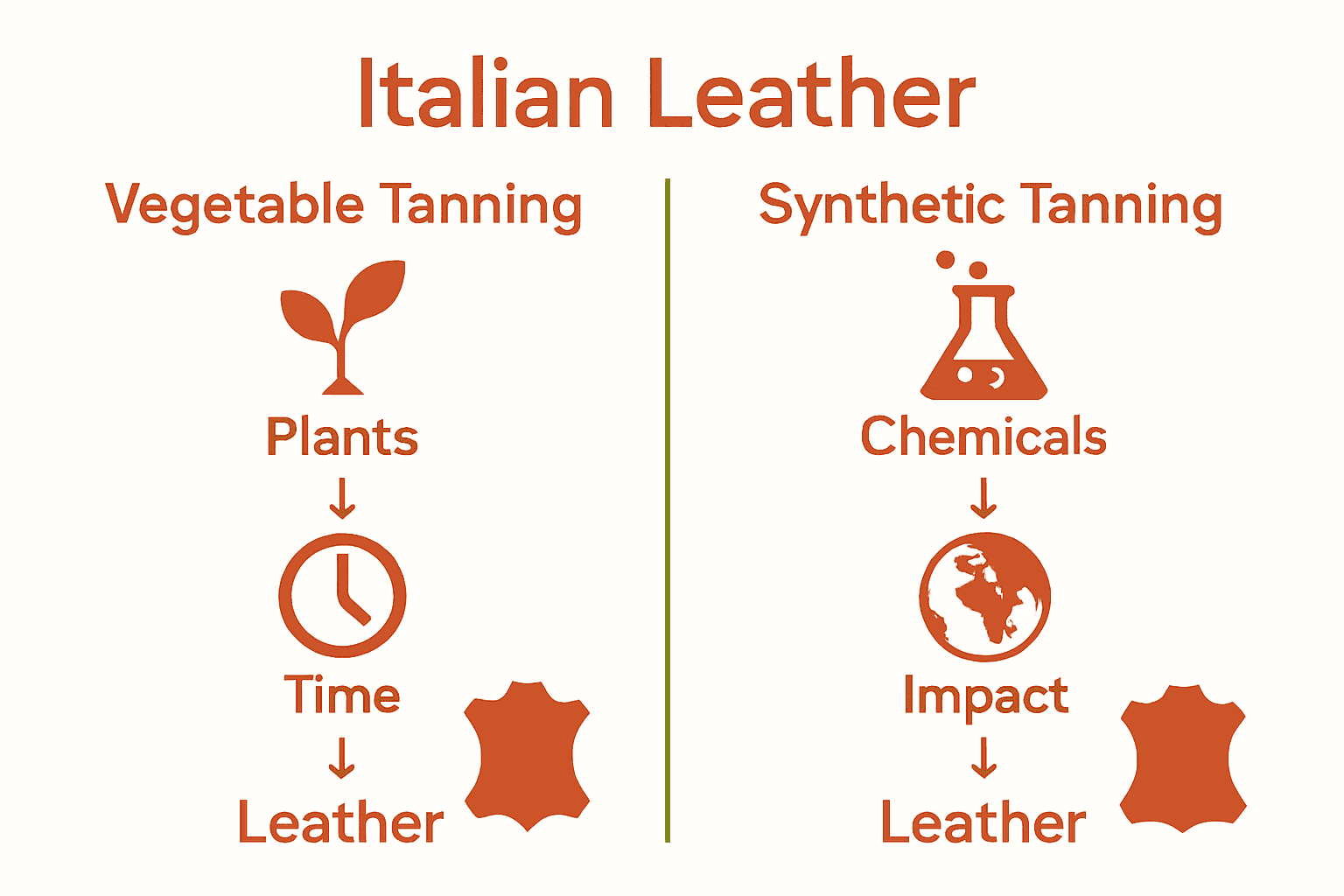 Visual comparison of vegetable versus synthetic tanning process for Italian leather