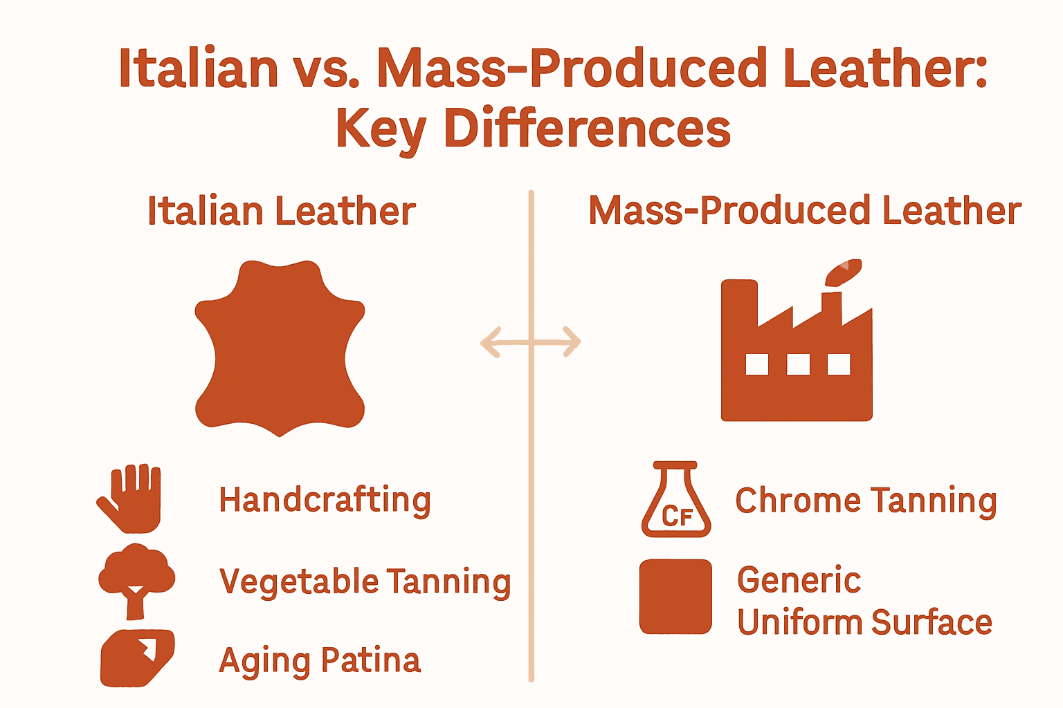 Infographic comparing Italian and mass-produced leather using icons.