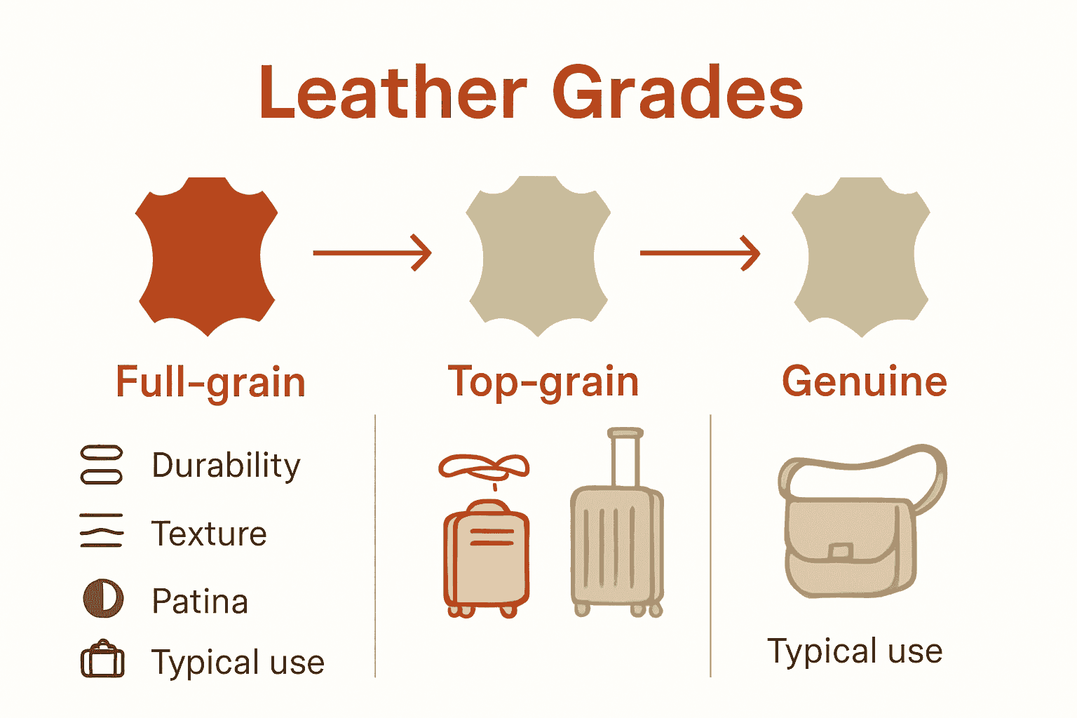 Infographic comparing leather types used in luggage