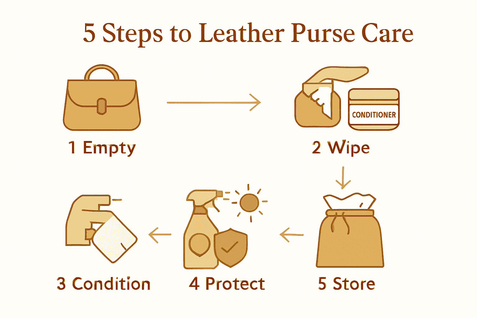 Infographic showing five steps to care for a leather purse: empty, clean, condition, protect, and store.