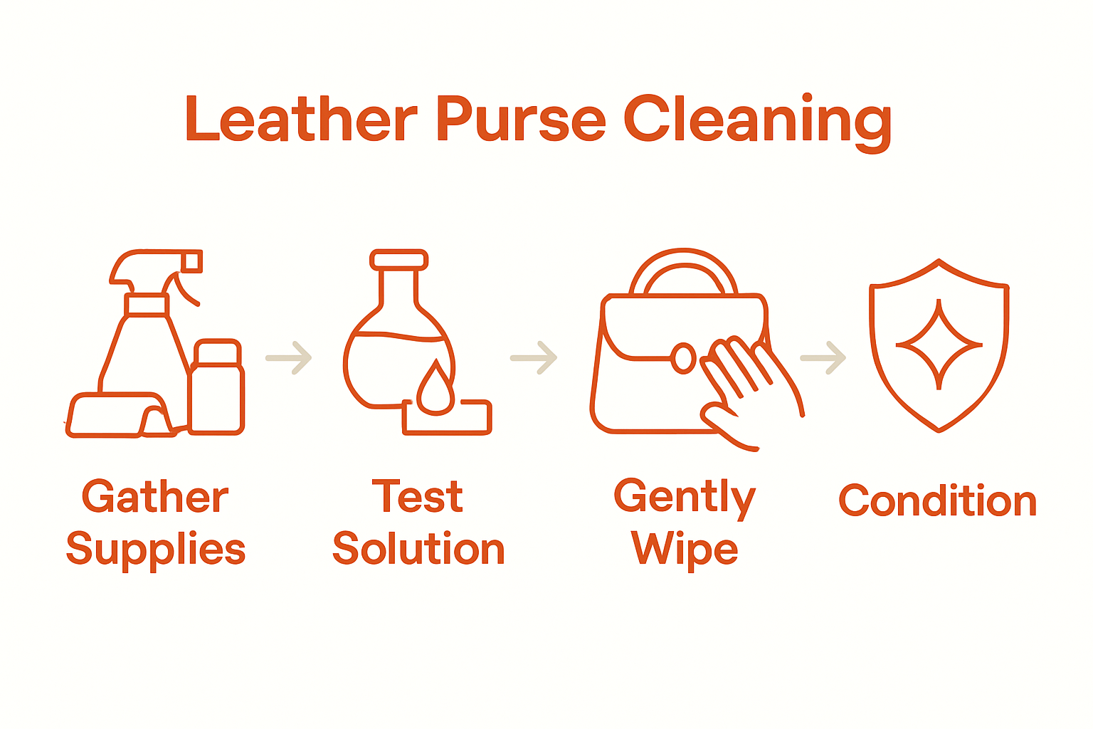 Infographic summarizing cleaning and conditioning steps for a leather purse.