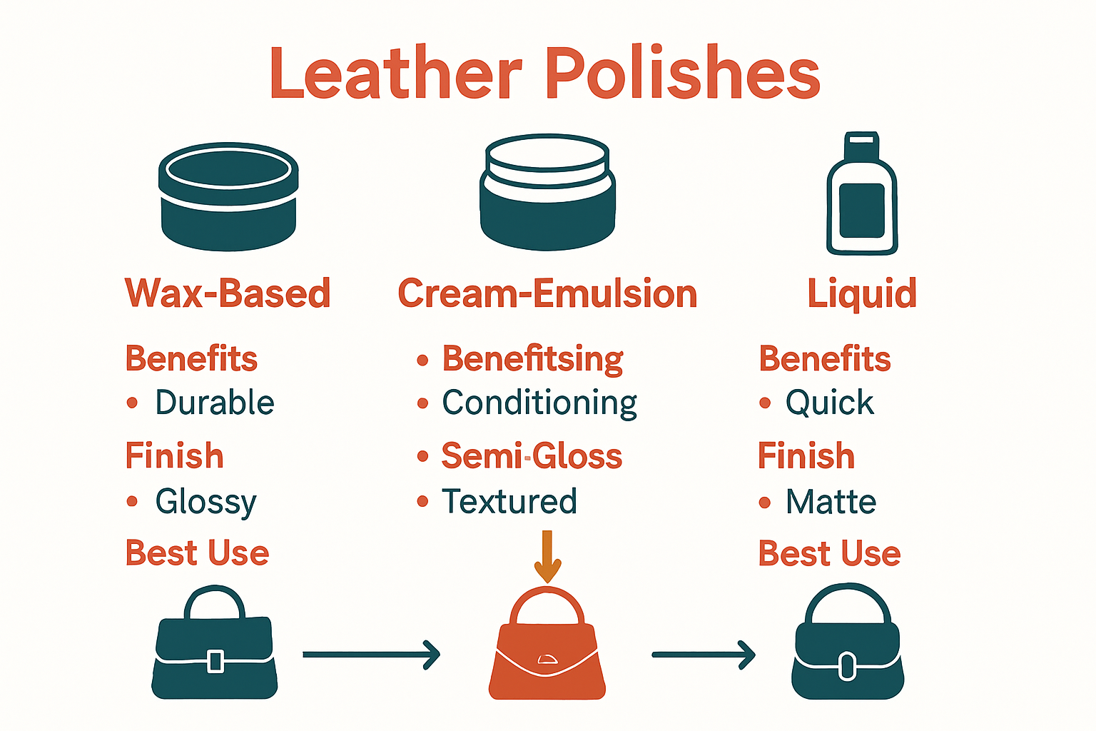 Infographic comparing wax, cream, and liquid leather polish for purses.