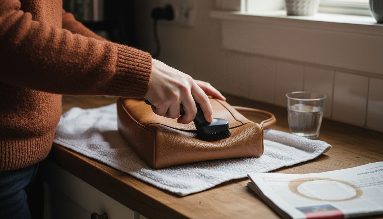 Hands vacuuming leather handbag on towel