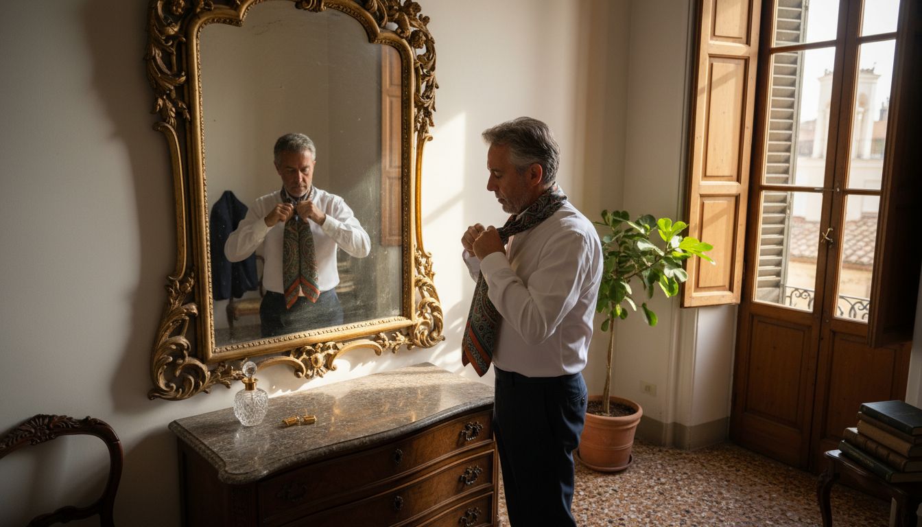Man tying silk scarf in French knot