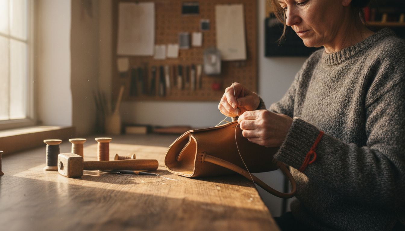 Artisan hand stitching leather handbag