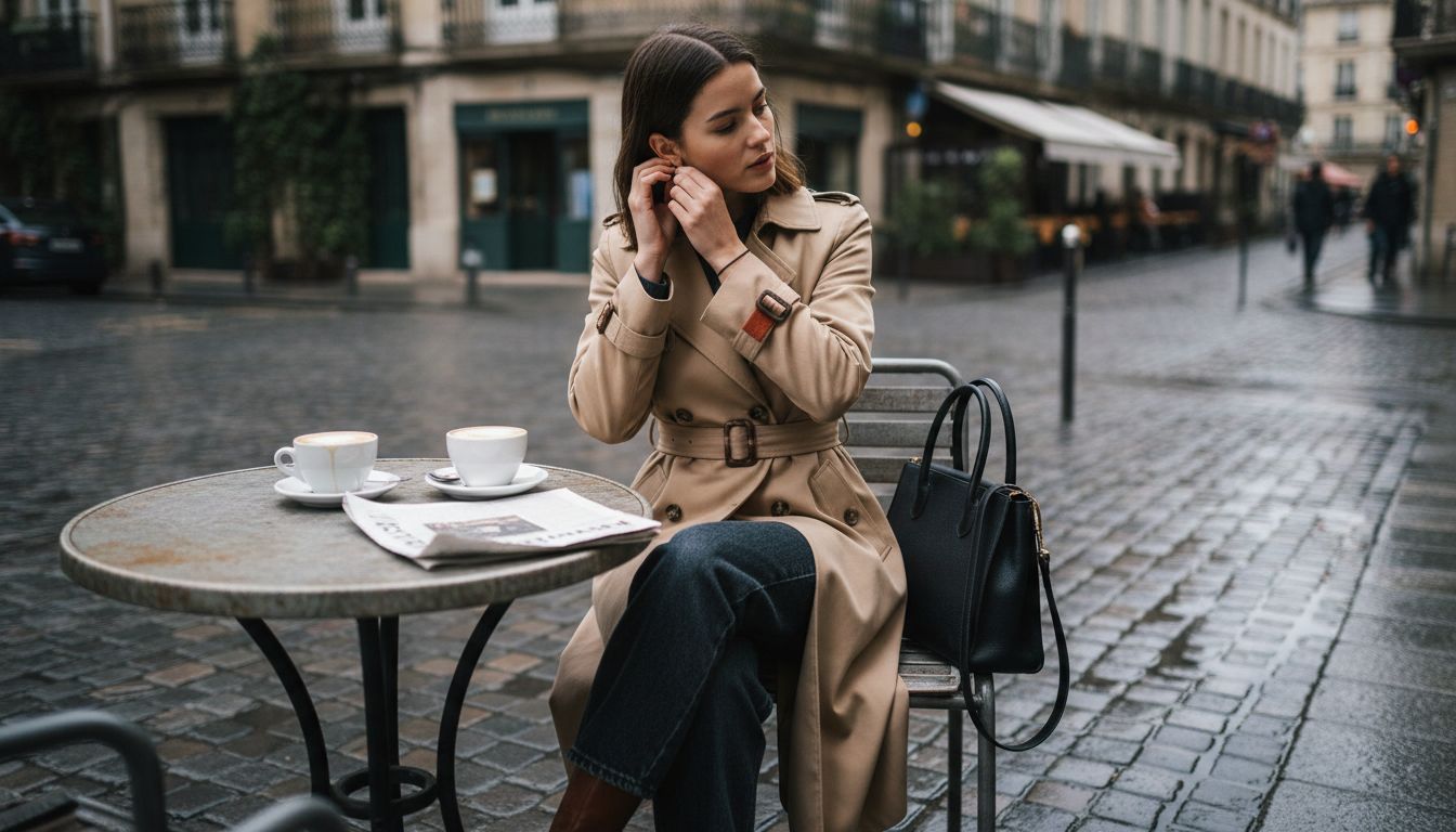Woman accessorizing with handbag at café