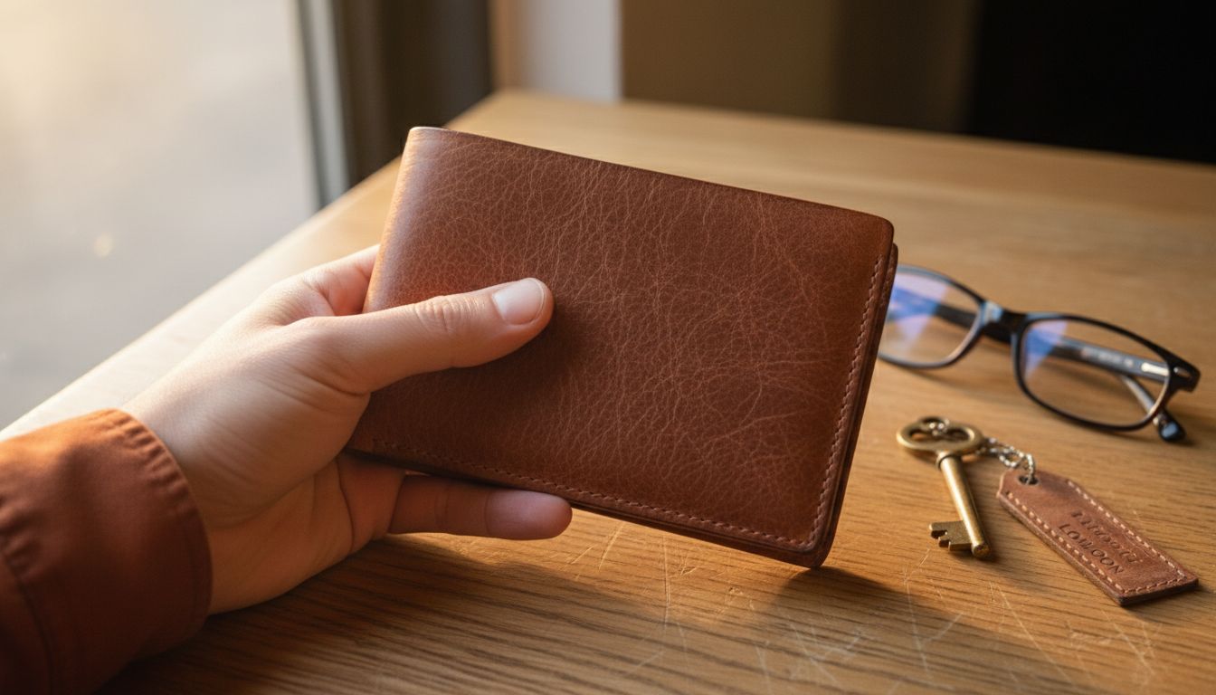Hand showing full grain leather wallet