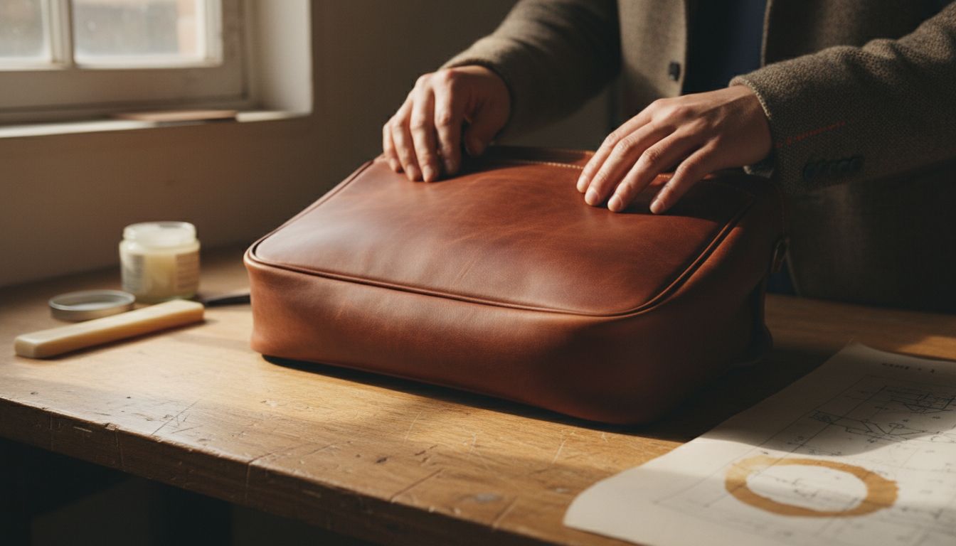 Close-up of artisan inspecting leather bag