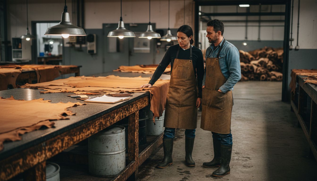 Tannery workers inspect leather treatment process
