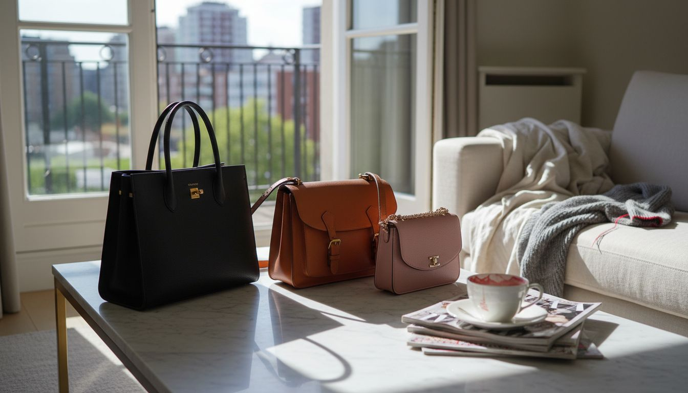 Variety of luxury leather handbags on table
