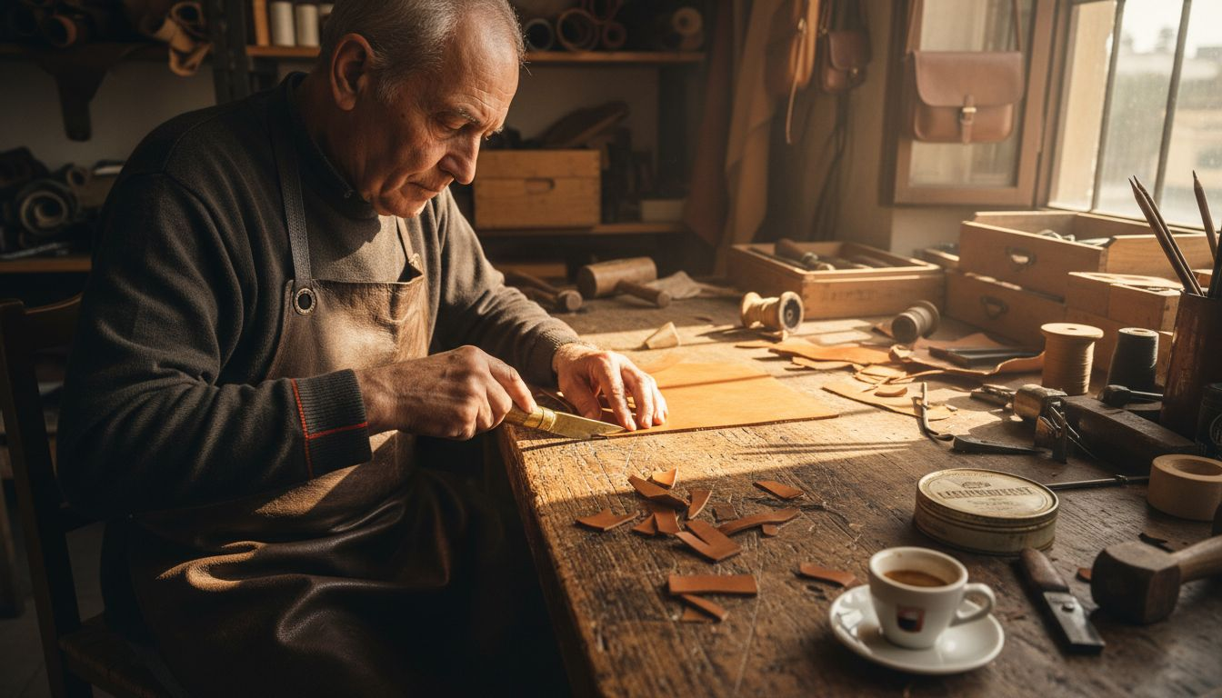 Italian artisan crafting leather by window