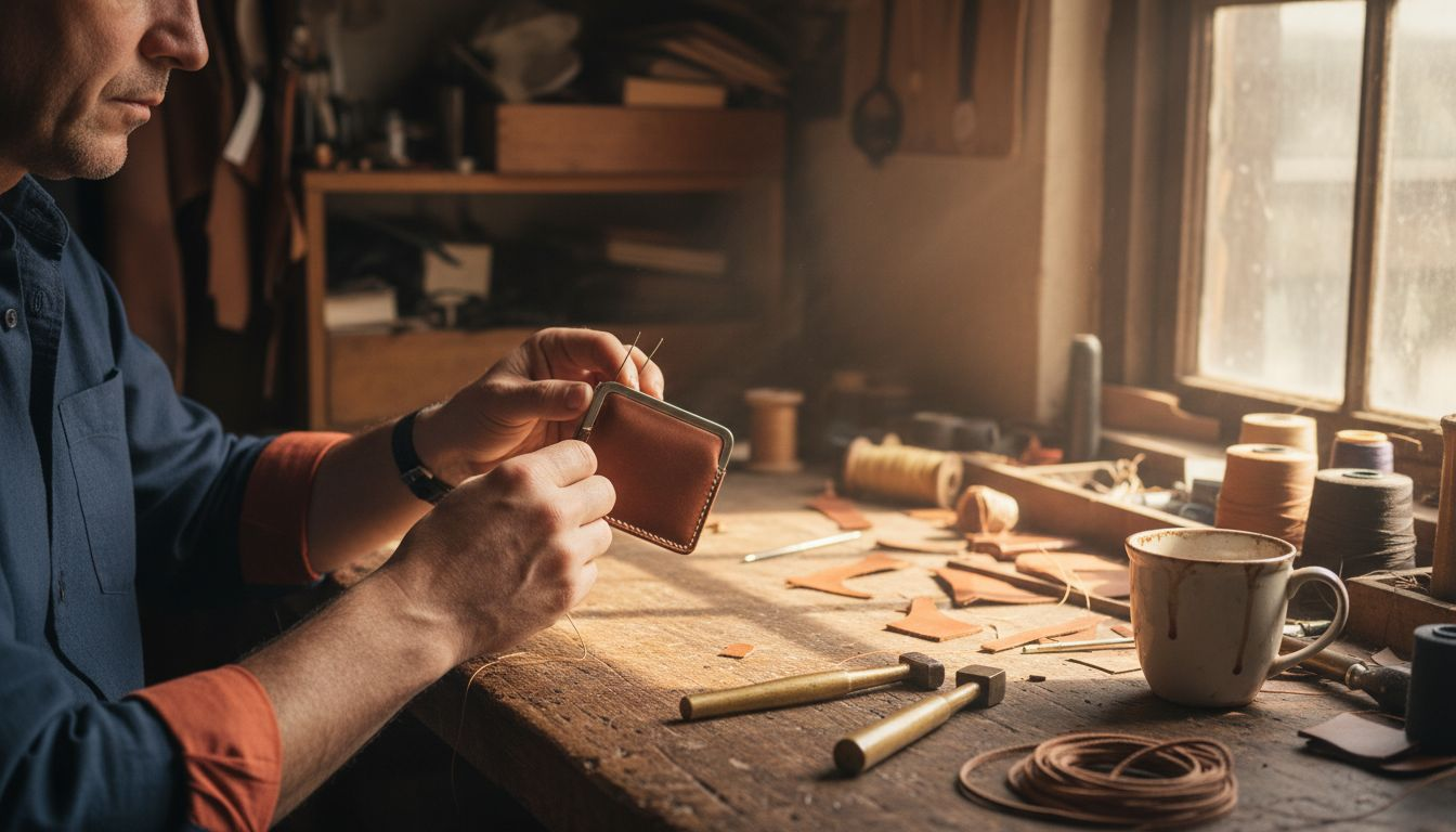 Artisan hand sewing men’s leather coin purse