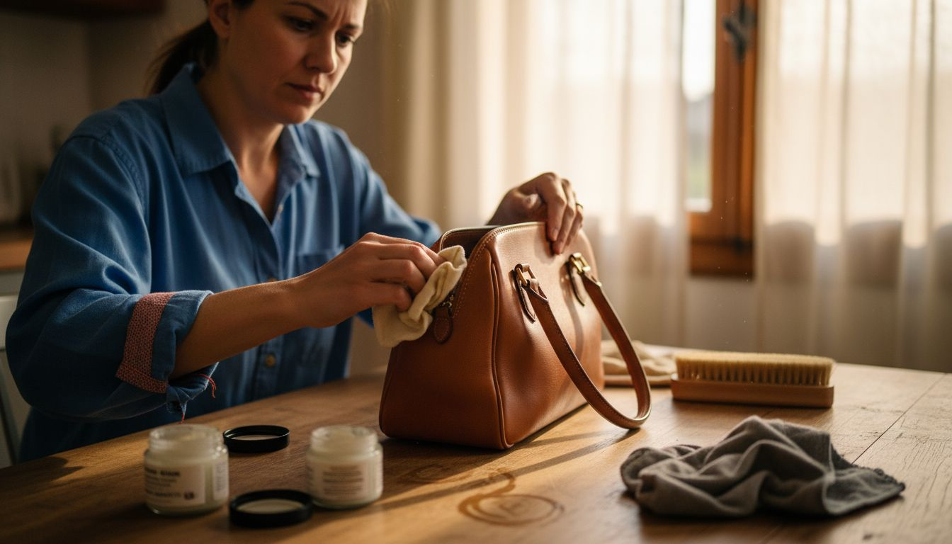 Woman applying leather polish to handbag