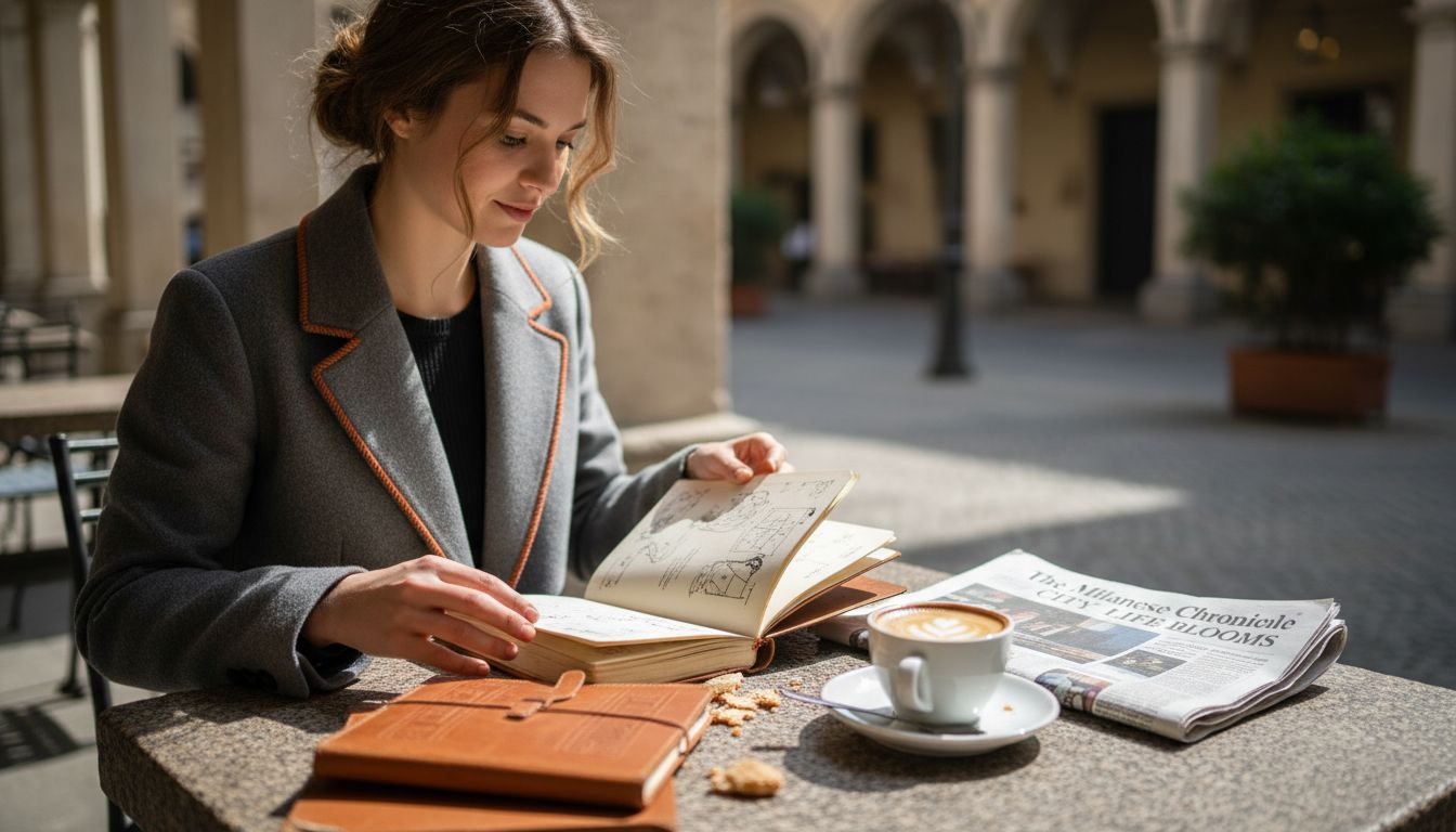 Browsing brown leather notebook styles at café table