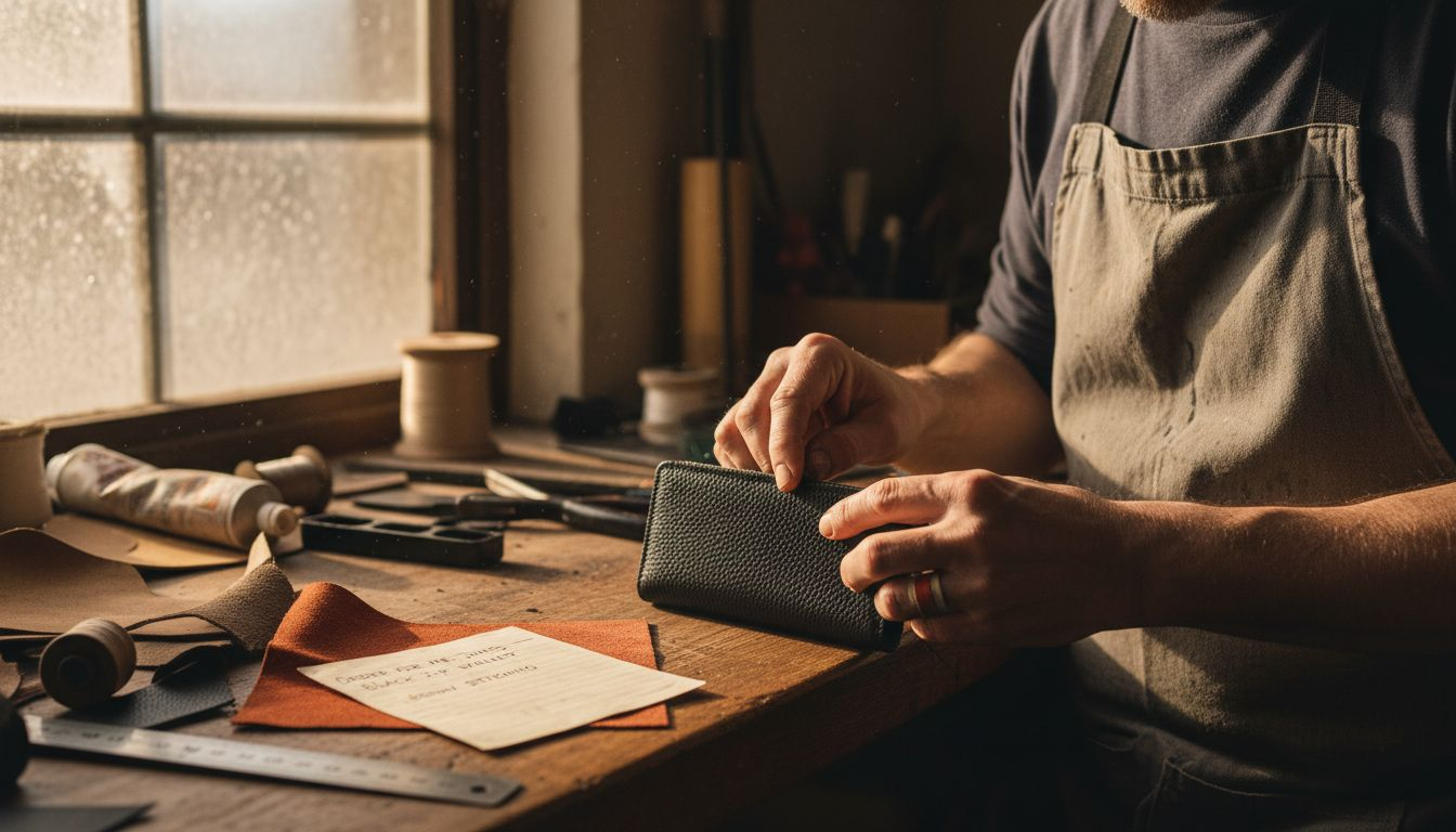 Leather craftsman hand-stitching wallet detail