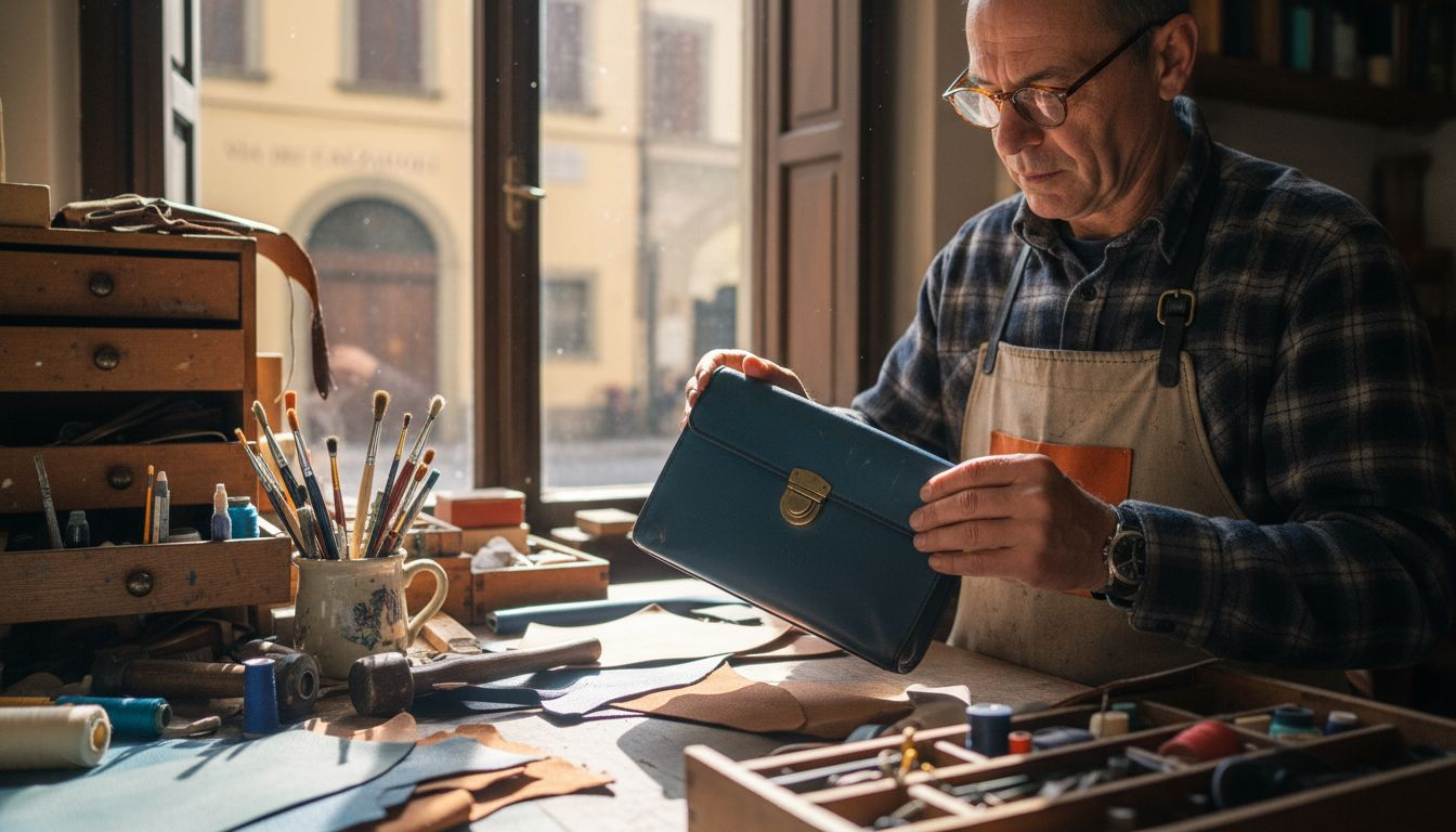 Artisan inspecting blue leather purse quality