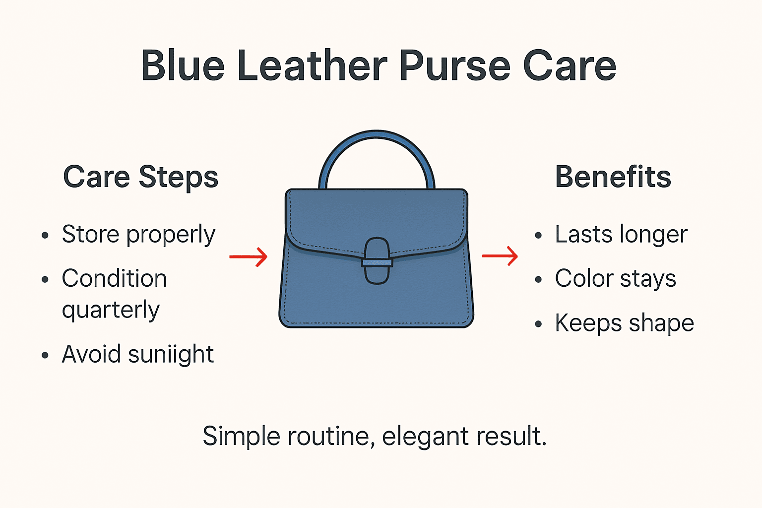 Infographic showing care steps for blue leather purse