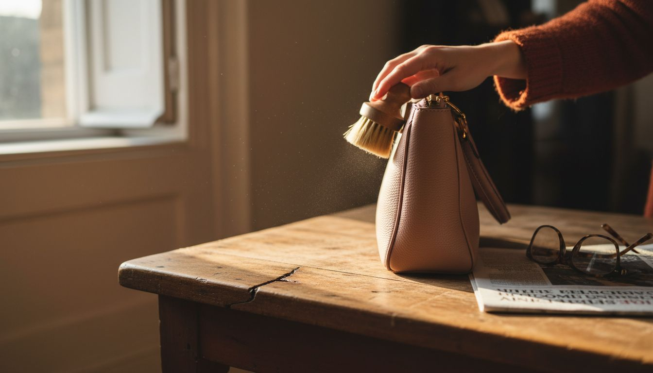 Hands brushing dust from leather purse