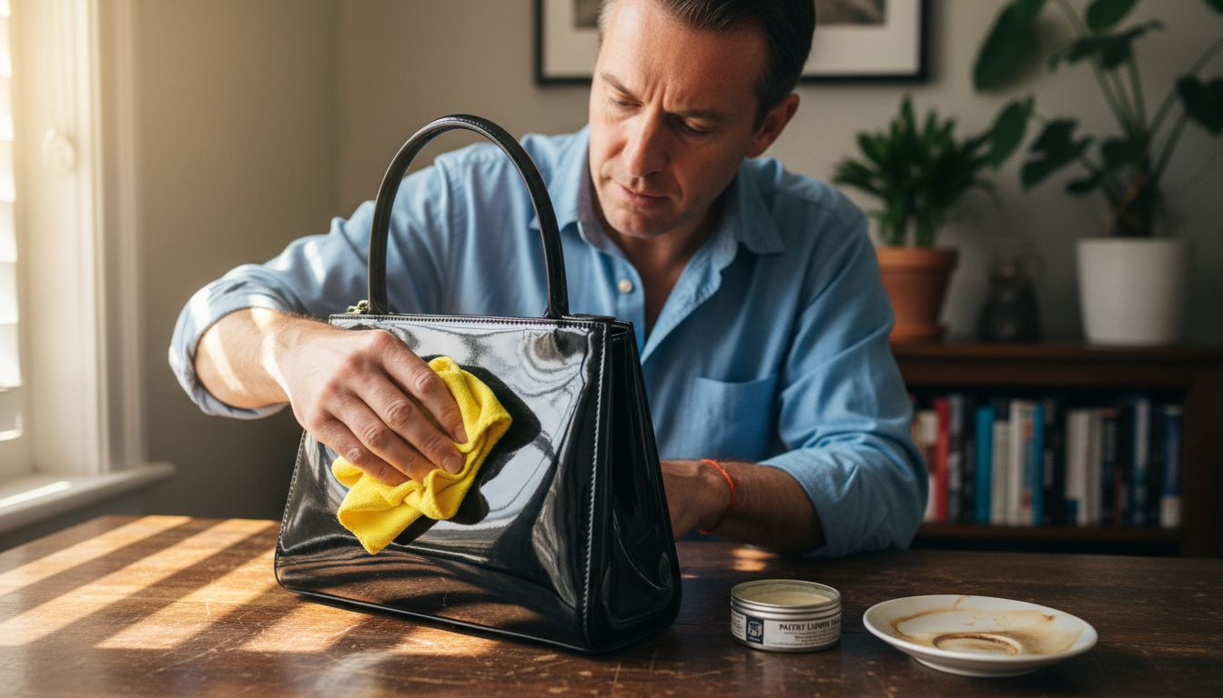Man buffing patent leather purse on table