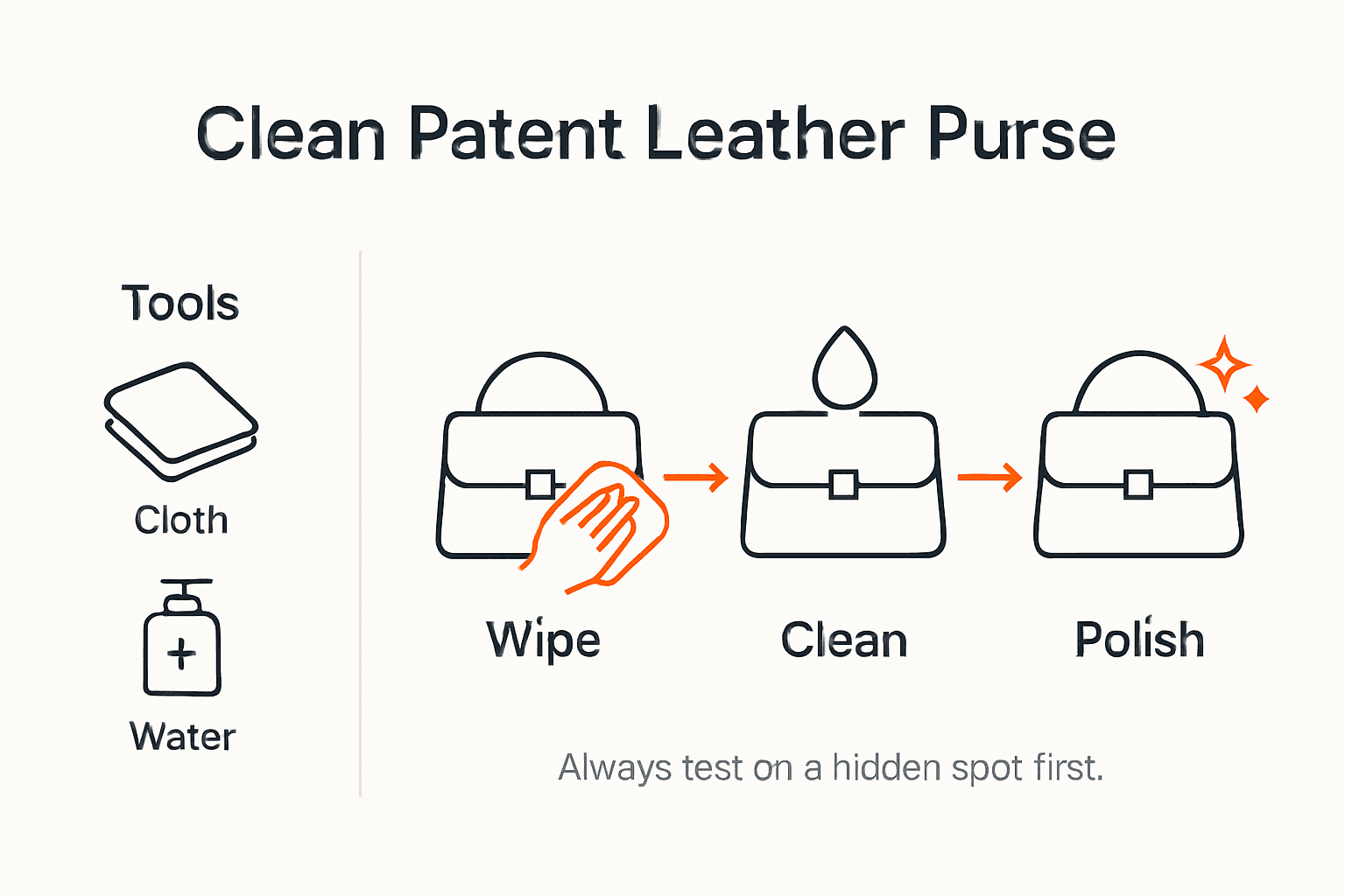 Infographic of steps for cleaning patent leather purse
