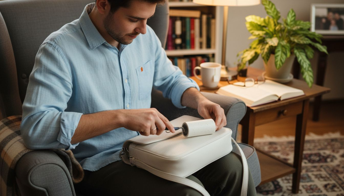 Man using lint roller to remove dust from purse