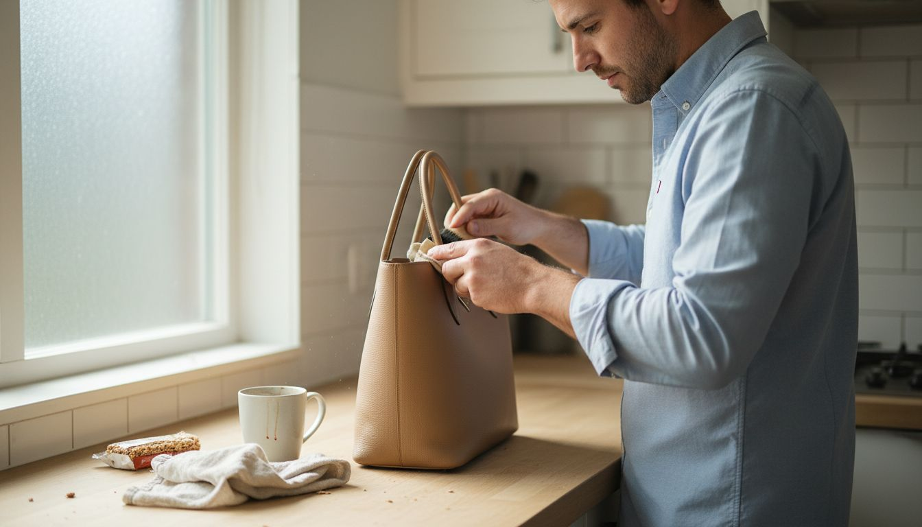 Man dusting a Prada leather tote