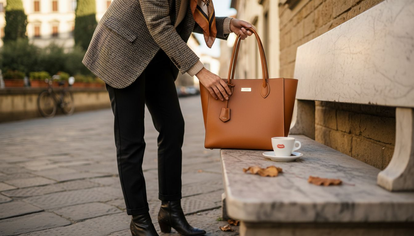 Woman places structured leather tote Florence