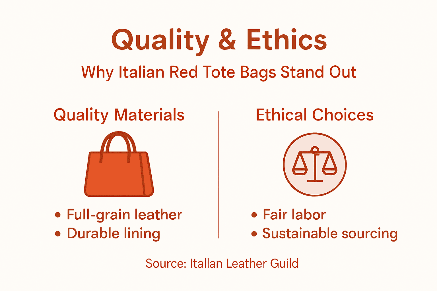 Infographic: quality materials and ethics in red totes