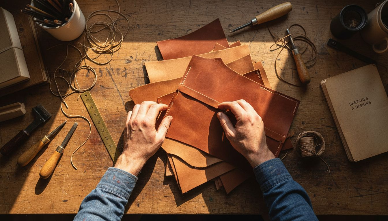 Craftsman inspecting Italian leather quality