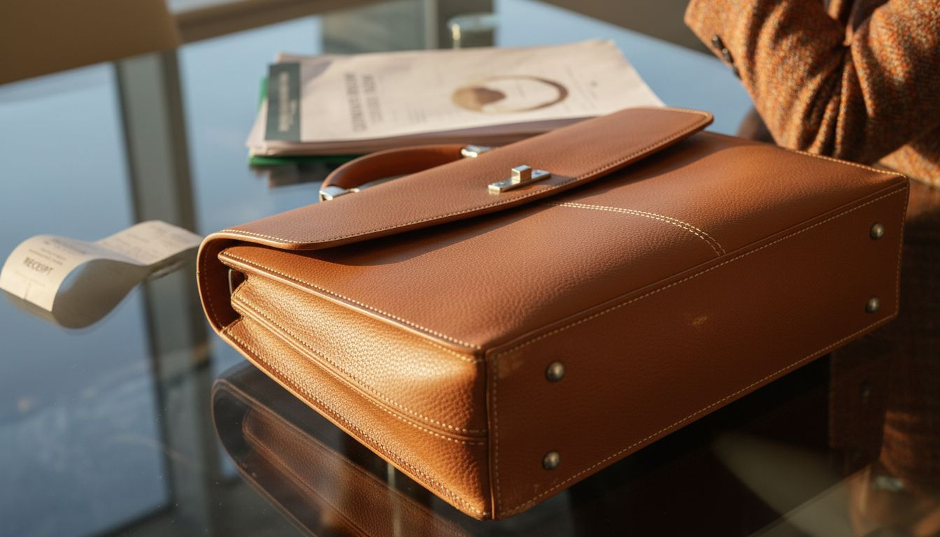 Detail of full-grain leather briefcase surface