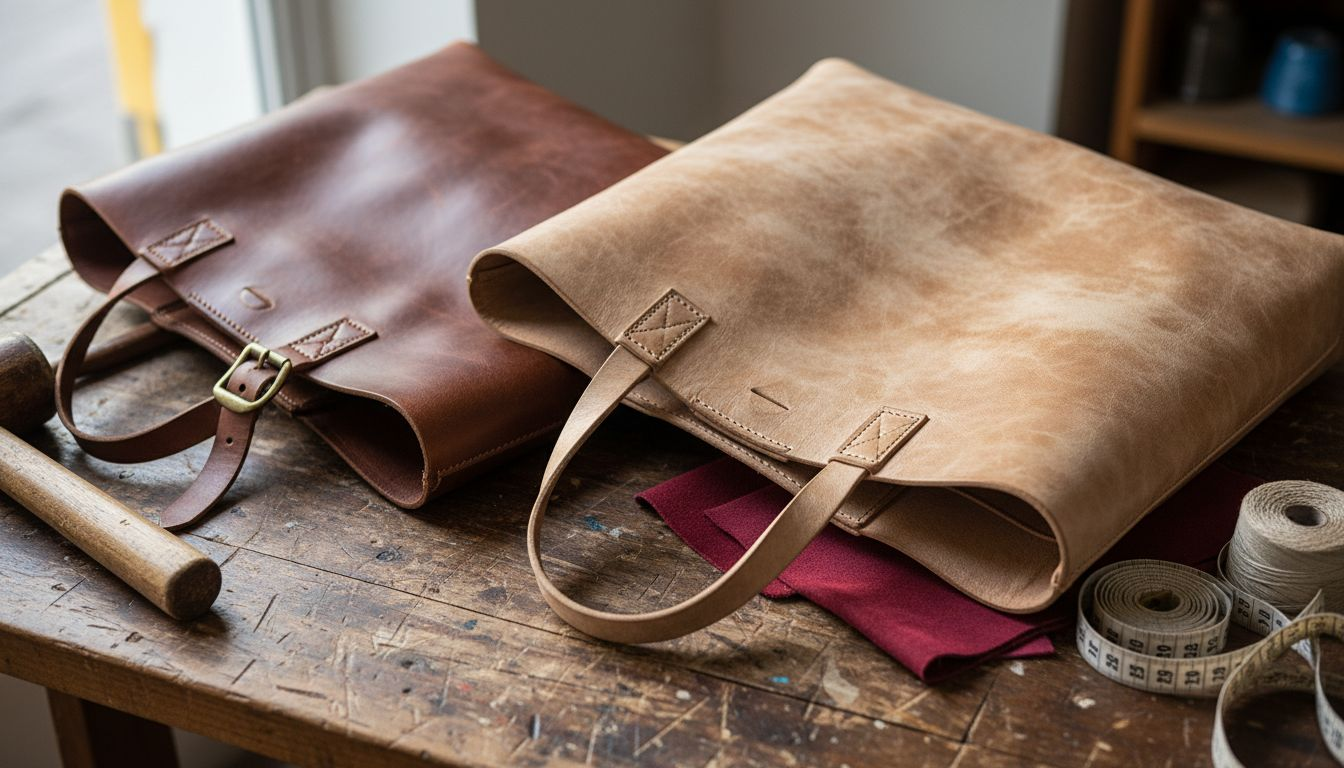 Closeup of vintage leather tote craftsmanship