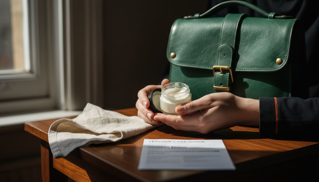 Close-up of leather cream jar and handbag