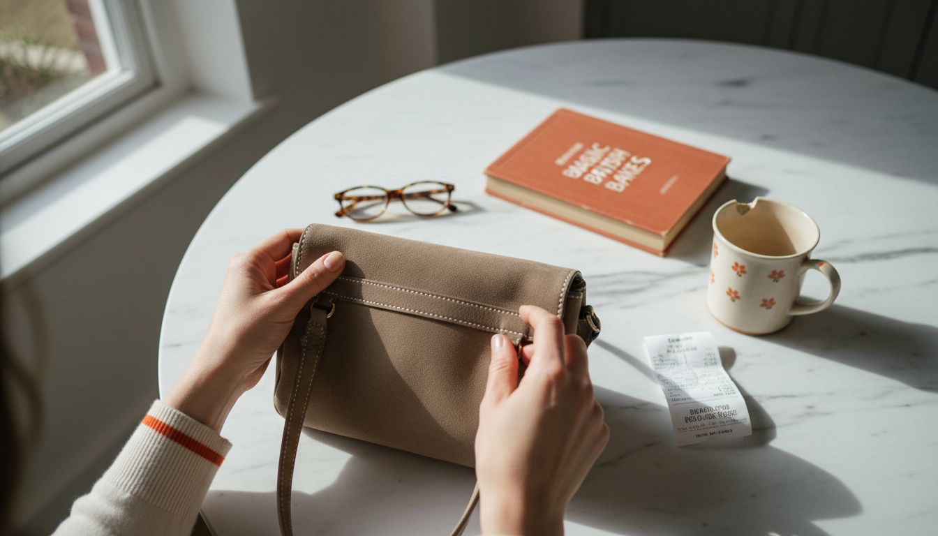 Gros plan sur les coutures et l'intérieur d'un sac à main taupe