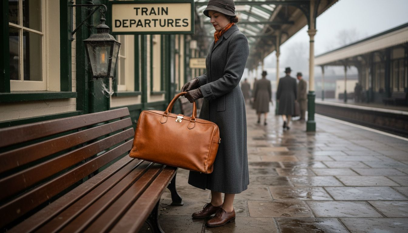 Woman sets Gladstone bag on station bench