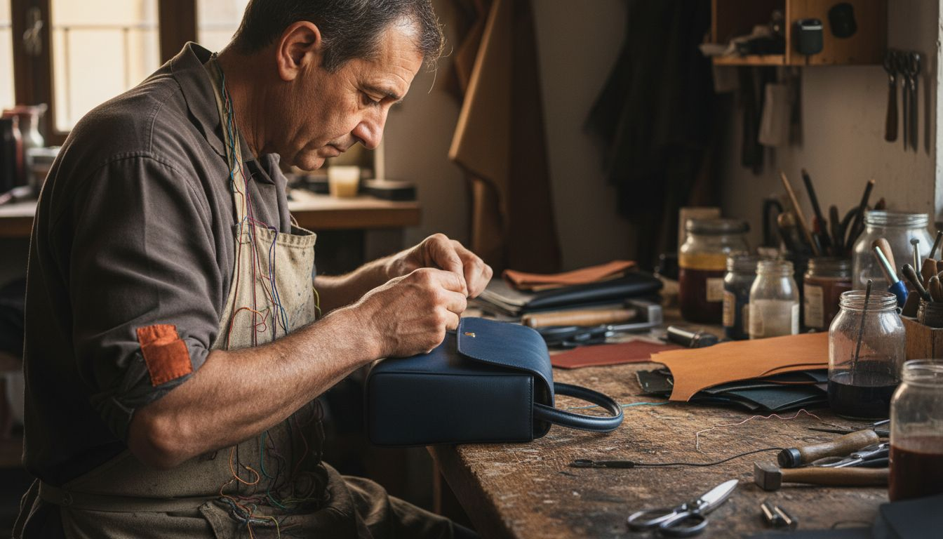 Italian artisan stitching navy leather handbag