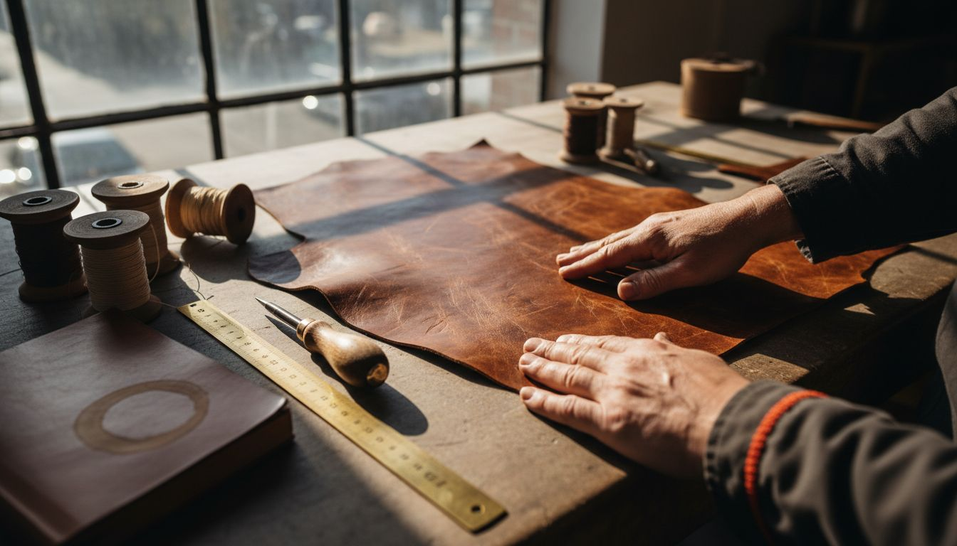 Closeup hands handling worn leather texture