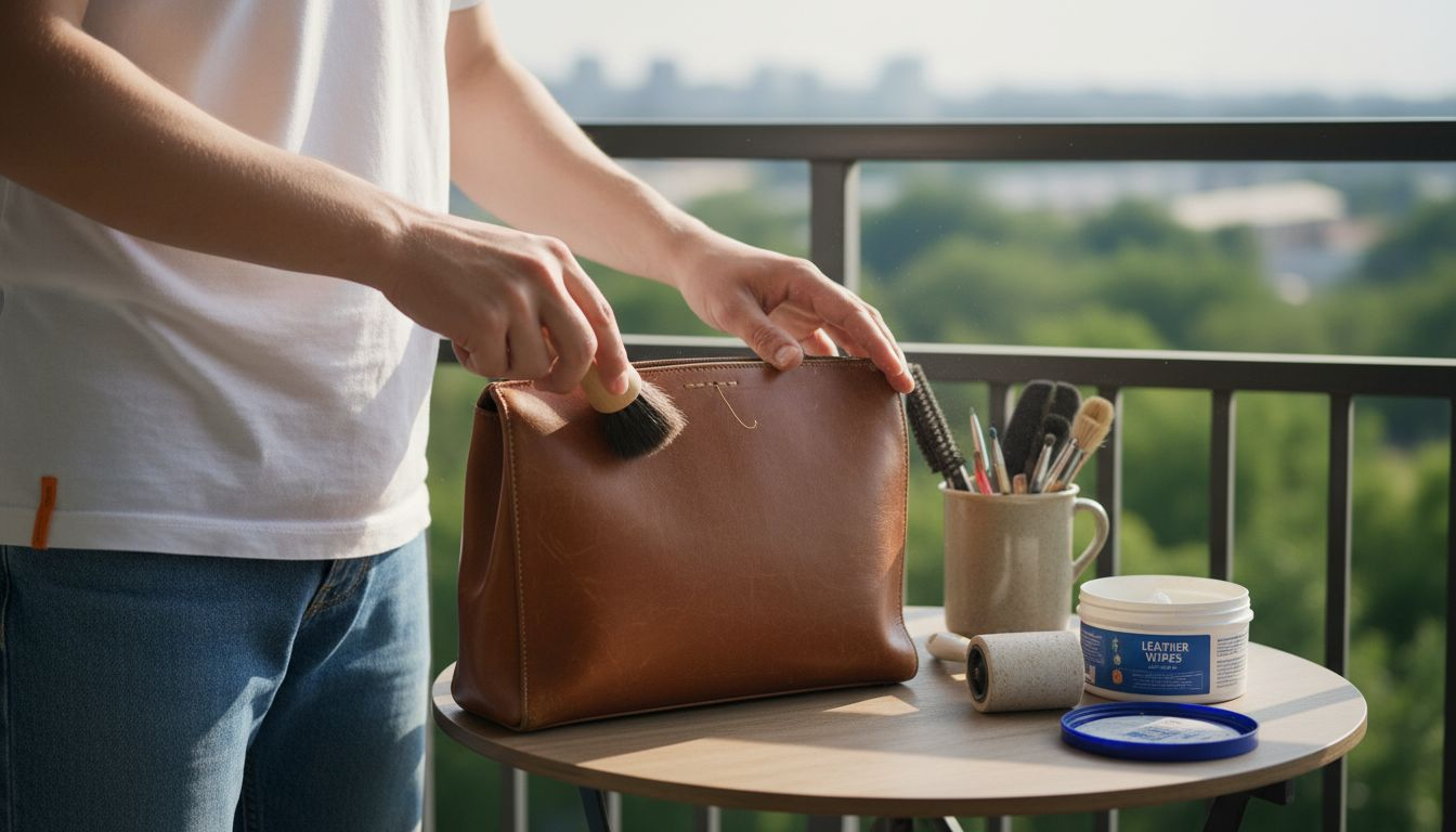 Cleaning dust from brown leather purse