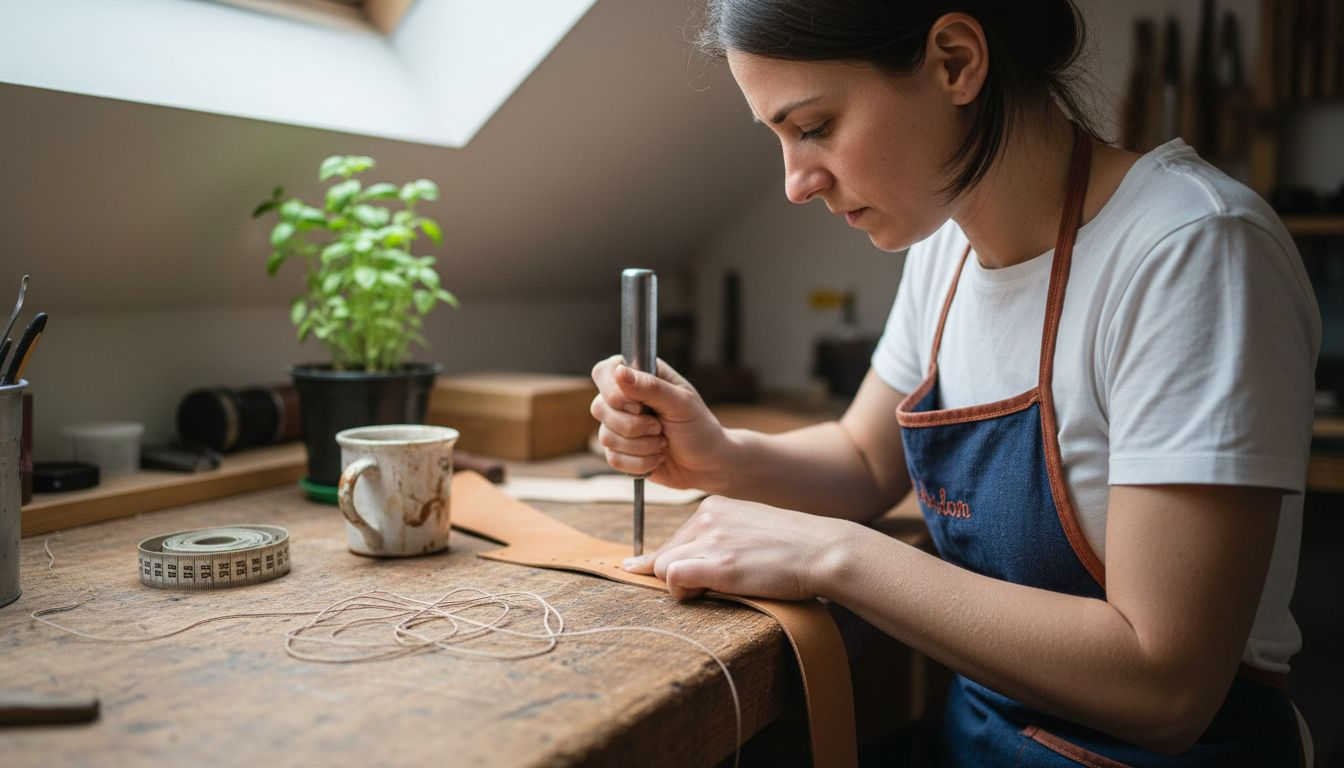 Artisan using leatherworking tools at worktable