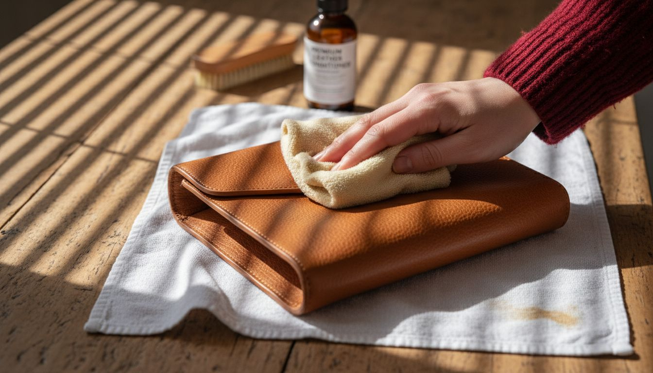 Hand wiping Italian leather purse with cloth