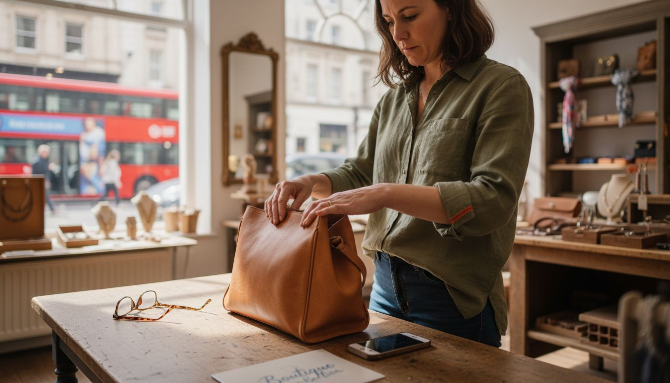 Woman tests leather handbag grain and quality