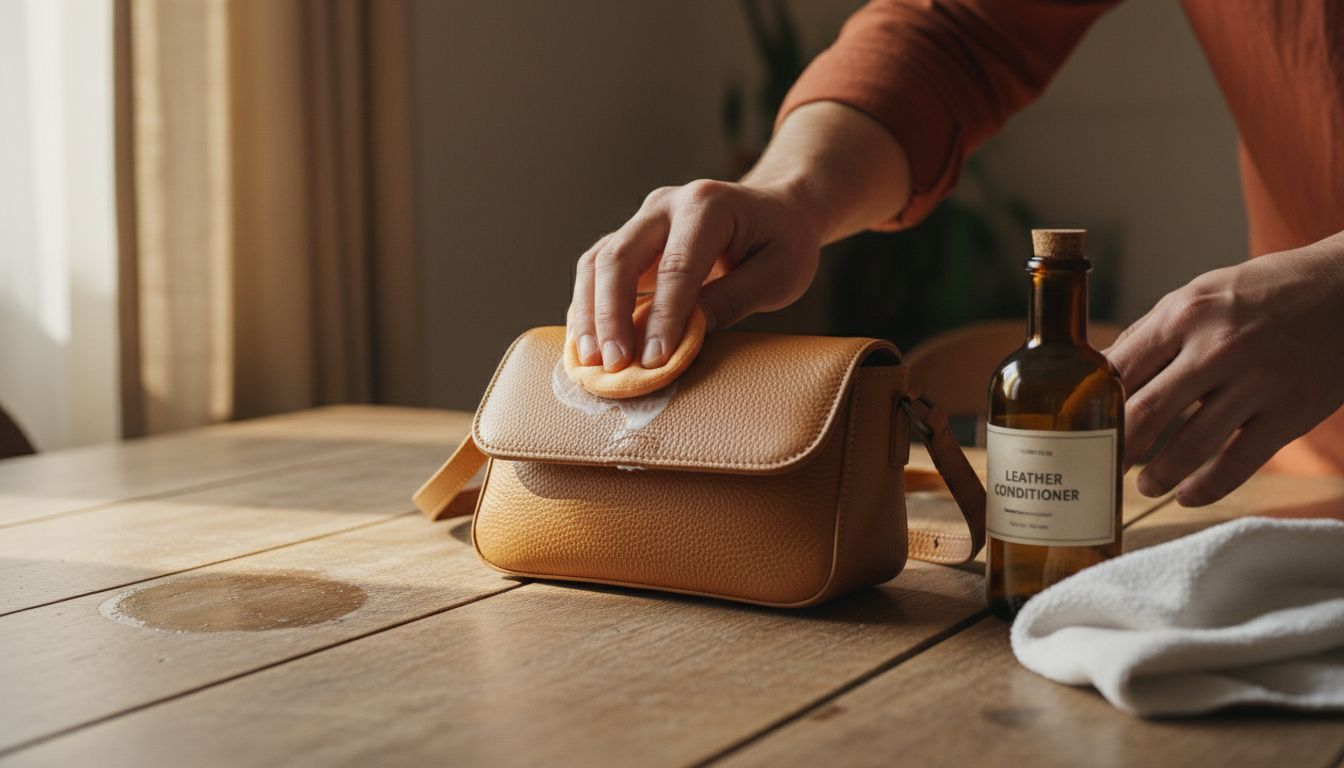 Hands applying cleaner to leather handbag