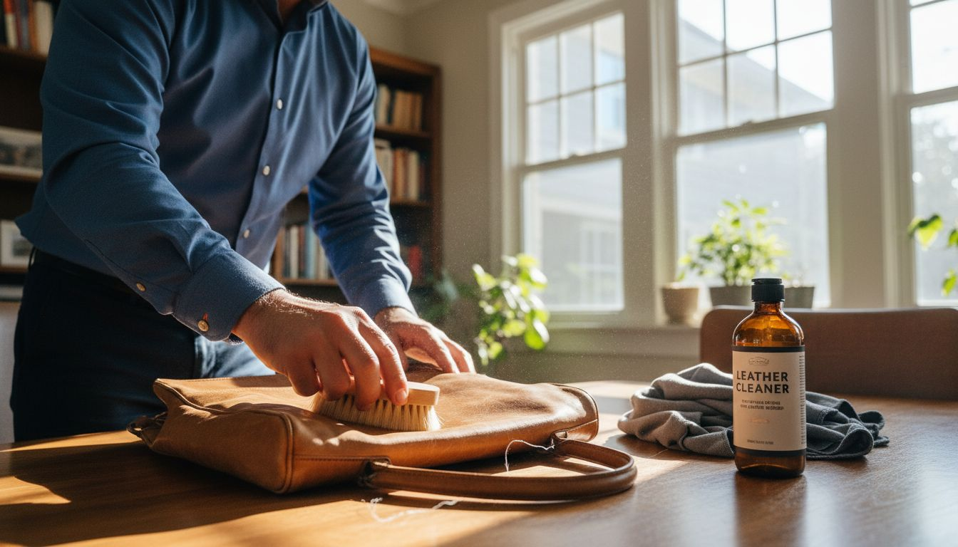 Man using brush on leather purse