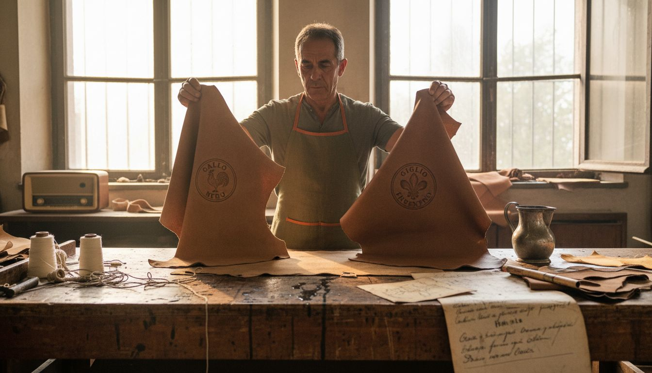 Craftsman comparing regional leather hides