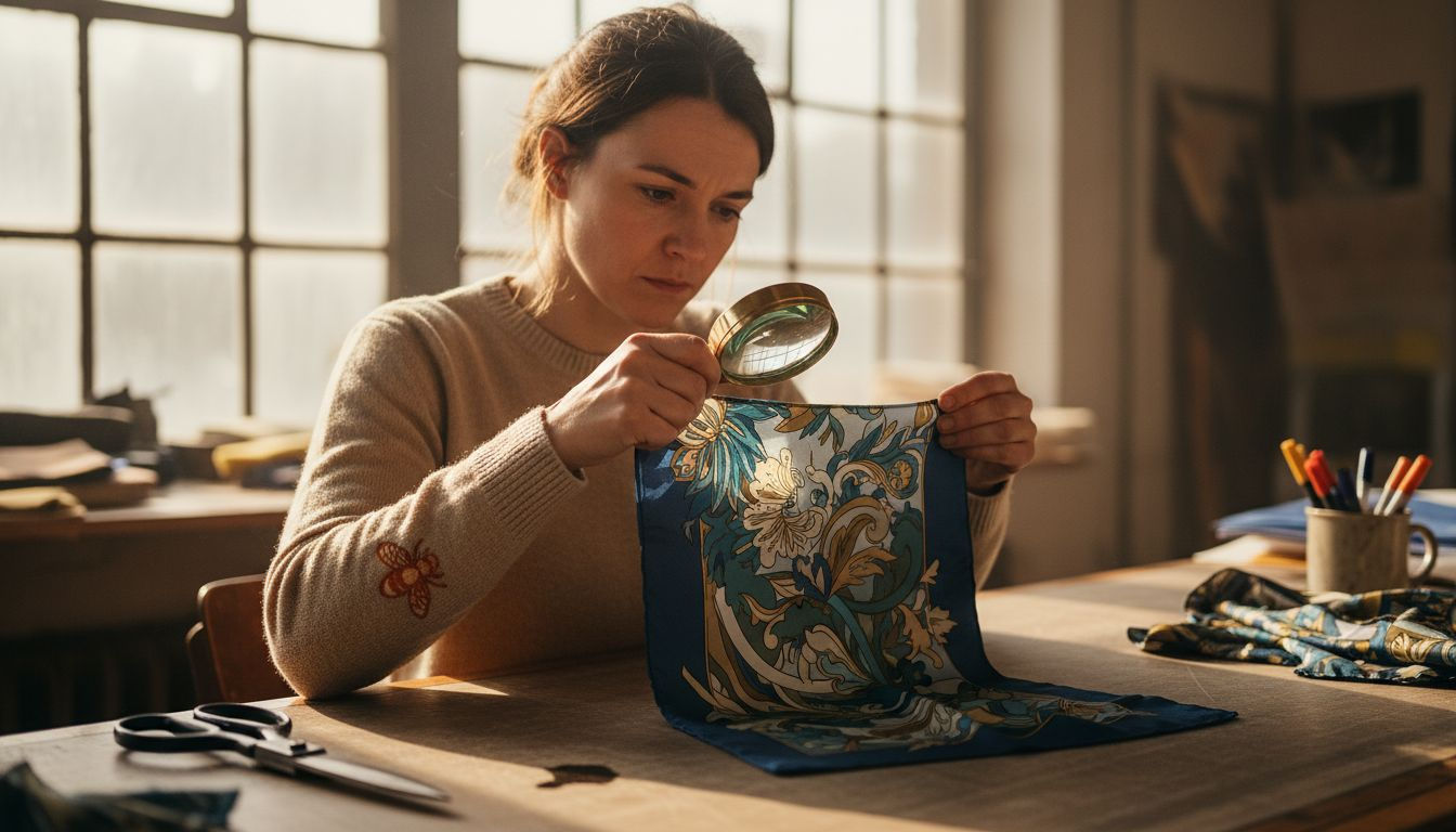 Woman inspecting quality of silk scarf
